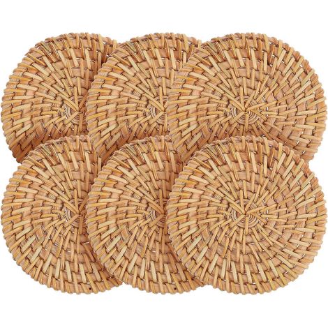 6-teiliges Set Handgewebter Rattan-tischsets, Wärmeisolierende Tassenkissen Und Untersetzer – 8,00 X 8,00 X 0,50 Cm – Hellbraun