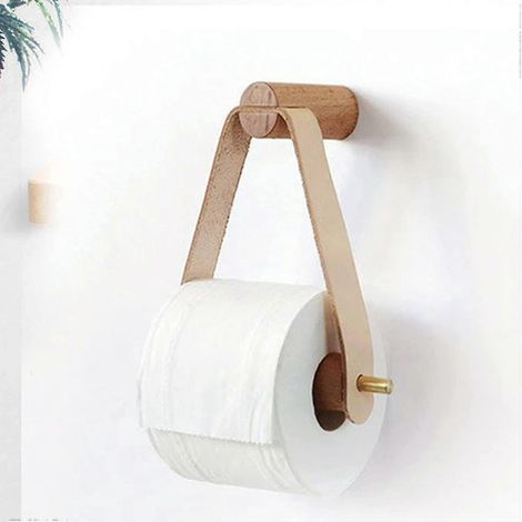 Wandmontierter Toilettenpapierhalter Aus Holz Und Leder, Rustikaler Toilettenpapierrollenhalter Zur Wandbefestigung, Elegantes Und Natürliches Badezimmeraccessoire Mit Selbstklebendem Verschluss.