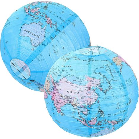 Set Mit 2 Papierlaternen In Weltkartenform, Ideal Zur Dekoration Eines Globus Auf Einer Party. – 30,00 X 30,00 X 30,00 Cm – Himmelblau