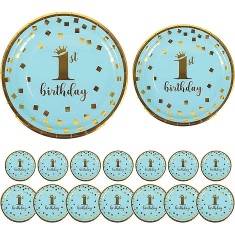 16 Einwegteller Aus Pappe Für Den Ersten Geburtstag Eines Babys (mädchen Oder Junge) – 18 X 18 X 0,8 Cm – Blau