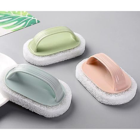 Set Aus 3 Reinigungsbürsten Mit Glattem Griff Und Dekontaminationsschwamm Für Bad, Toilette Und Küche (blau, Rosa Und Grün)