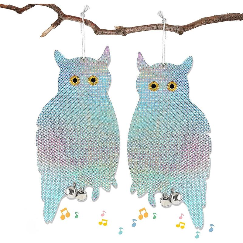 Set Mit 4 Reflektierenden, Eulenförmigen Lichtabwehrgeräten Für Vögel Und 2 Taubenabwehrgeräten Mit Glöckchen