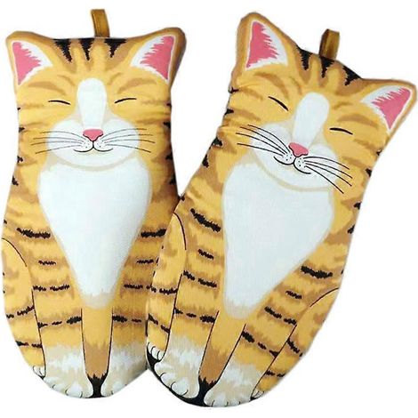 1 Paar Hitzebeständige Ofenhandschuhe Aus Baumwolle, Mikrowellengeeignet, Katzenmuster (gelb) – 30,00 X 13,00 X 1,00 Cm – Gelb