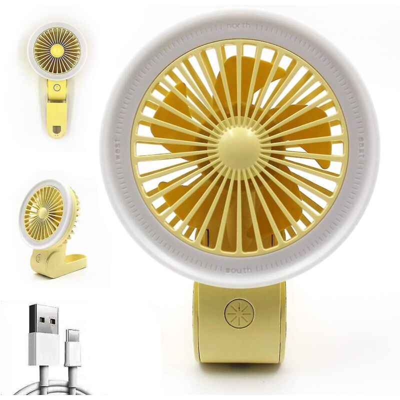 Mini-tragventilator Mit Led-licht, Verstellbar, Usb-aufladbar, Kleiner Faltbarer Persönlicher Ventilator Für Kinderwagen, Schreibtisch Oder Tisch, Für Kinder, Mädchen, Frauen, Zuhause (gelb)
