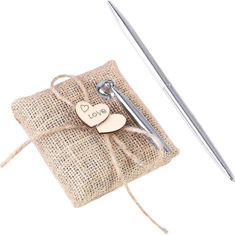 Stiftehalter Aus Jute Und Set Silberner Stifte Für Eine Rustikale Hochzeitsgeschenkbox.