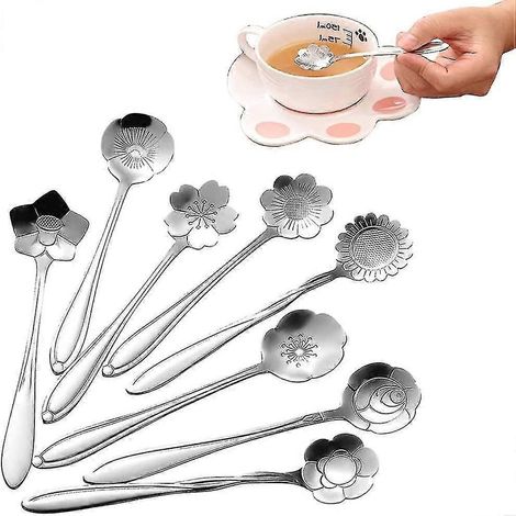 Set Mit 8 Edelstahl-blumenlöffeln, Kaffeelöffeln, Dessertlöffeln, Verschiedenen Löffeln, Zuckerlöffel Und Eiscremelöffel