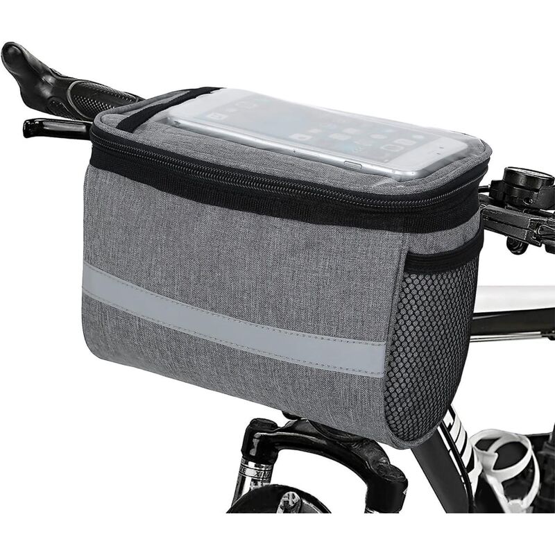 Wasserdichte, Graue Fahrradlenkertasche Mit Touchscreen Und Belüftetem Netzkorb Vorne
