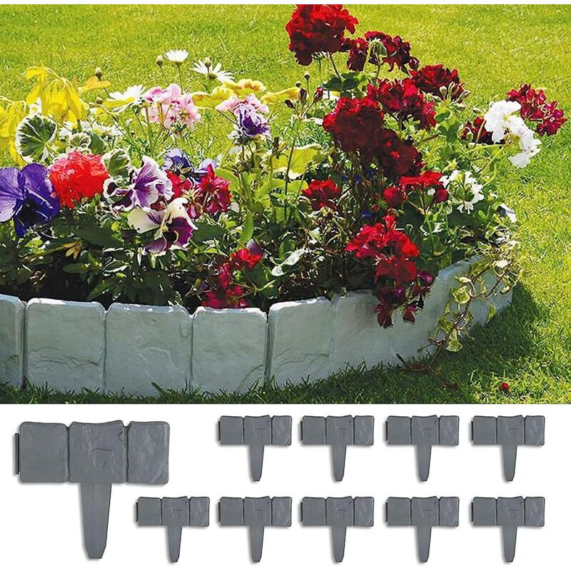 Set Aus 10 Gartenbegrenzungen À 7,5 M, Steinoptik, Grau, Dekorativ Für Rasen Und Landschaftsgestaltung.