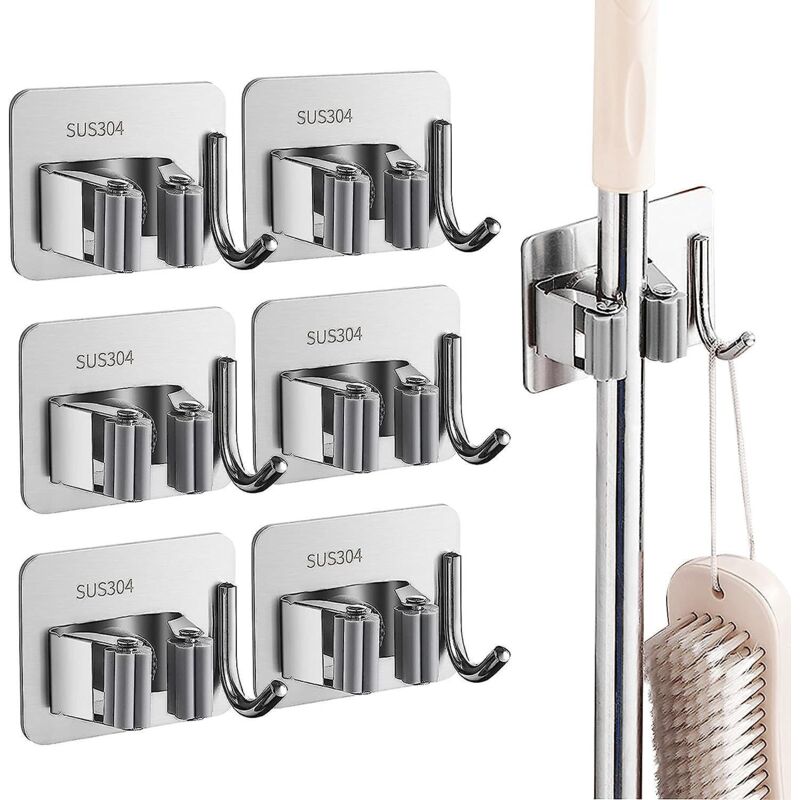 Wandmontierter Besen- Und Mopphalter Aus Edelstahl Mit Haken Für Küche, Garten, Balkon, Garage, Waschküche – 6er-set