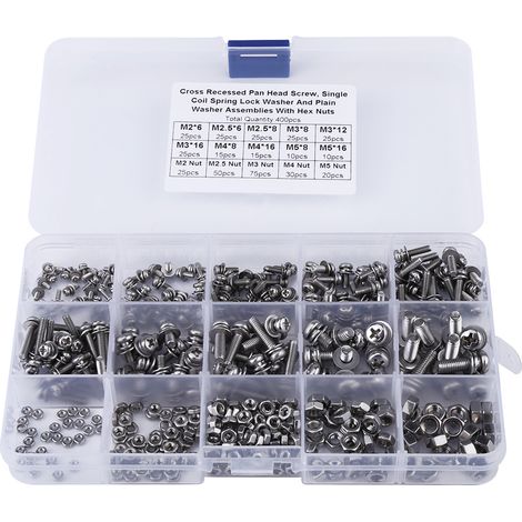 400-teiliges Set Mit Senkkopfschrauben (kreuzschlitz) M2, M2,5, M3, M4 Und M5 Inklusive Muttern Und Unterlegscheiben