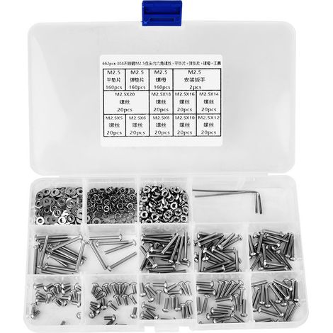 662-teiliges M2,5-sechskantschrauben-set Mit Muttern, Unterlegscheiben Und Sus304-innensechskantschrauben Mit Schraubenschlüssel