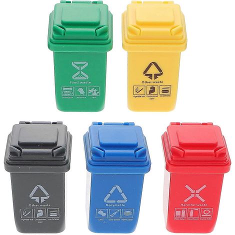 Set Mit 5 Mini-mülleimern Für Puppenhäuser Mit Recyclingfächern. Dekoratives Miniaturmodell. – 4 X 3 X 2,5 Cm – Verschiedene Farben