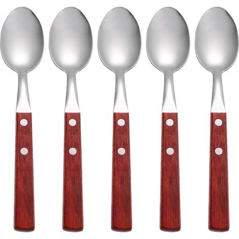 Set Mit 5 Dessertlöffeln Aus Edelstahl Mit Holzgriffen (verschiedene Farben) – 20,00 X 3,80 X 1,20 Cm – Rot