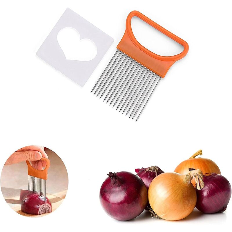 Zwiebelschäler Und -schneider Aus Edelstahl Mit Fleischnadel, Kartoffelschneider Und Zwiebelhalter – Orange