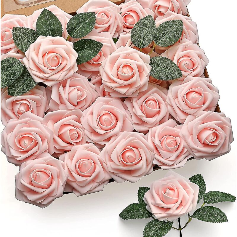 Set Mit 50 Künstlichen Rosen Aus Puderrosa Schaumstoff, Realistische Nachbildung, Mit Stielen, Für Brautsträuße, Tischdekorationen, Junggesellinnenabschiede, Feiern Und Als Wohndekoration.