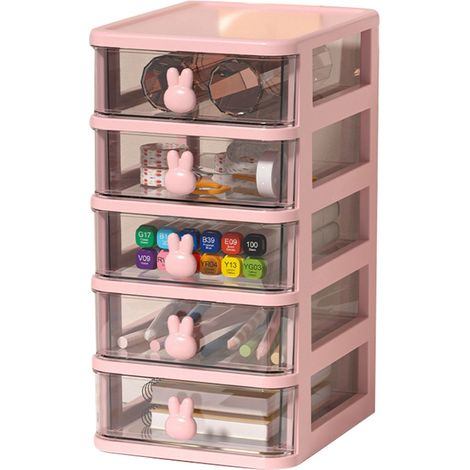 Transparente, Mehrstufige Aufbewahrungsbox Mit Großem Fassungsvermögen, Hasengriff, Schubladenorganizer Für Bücher, Stifte, Bürobedarf, Rosa, 5 Ebenen (13,4 X 17 X 26 Cm)