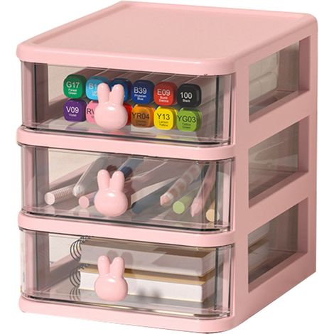 Transparenter Schreibtisch-organizer Mit Großem Fassungsvermögen, Mehreren Ebenen Und Hasengriff, Rosa Schubladen-organizer Für Bücher, Stifte Und Bürobedarf, 3 Ebenen (13,4 X 17 X 16 Cm)