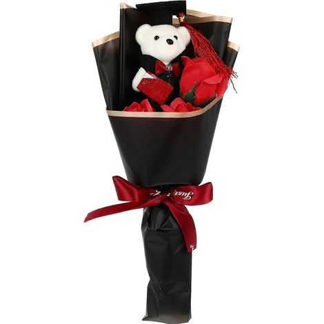 Bezaubernder Teddybärenstrauß, Ideales Abschlussgeschenk, Einzigartige Blumendekoration Für Absolventen. – 36,00 X 16,00 X 8,00 Cm – Rot