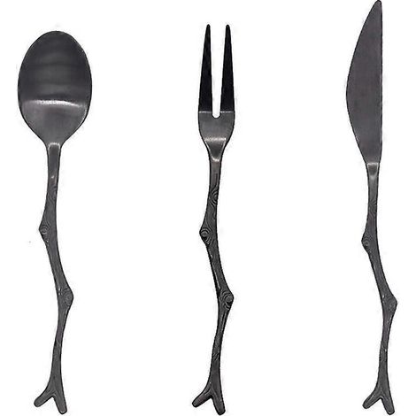 3-teiliges Besteckset Aus Edelstahl Im Vintage-stil Mit Astmuster, Für Zuhause Und Gastronomie (schwarz) – 13,80 X 1,20 X 0,25 Cm
