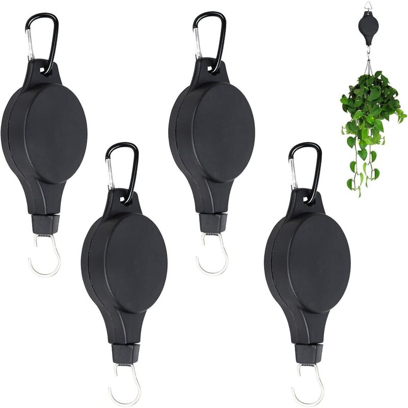 Set Mit 4 Schwarzen, Einziehbaren Rollen Zum Aufhängen Von Zimmer- Und Gartenpflanzen, Blumentöpfen, Gartenampeln Und Vogelfutterhäusern – Schwarz