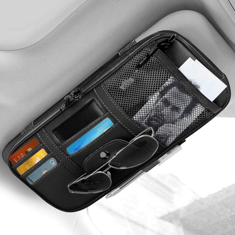 Schwarzer Organizer Für Die Sonnenblende Im Auto Mit Ledertasche Zur Aufbewahrung Von Führerschein, Schlüsseln, Handy Und Dokumenten