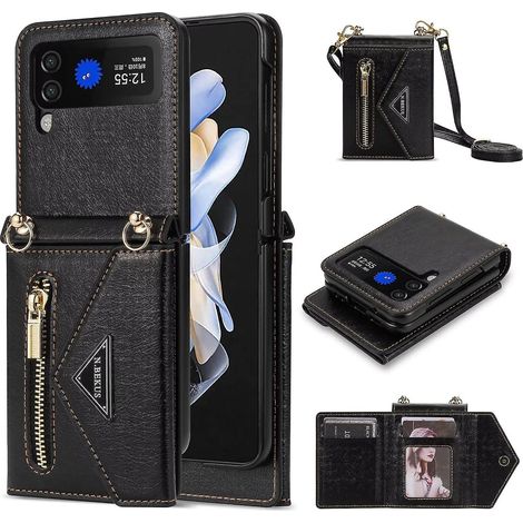 Schwarze Lederhülle Mit Reißverschluss Für Samsung Galaxy Z Flip 4 Mit Schultergurt, Kartenfächern Und Integriertem Ständer