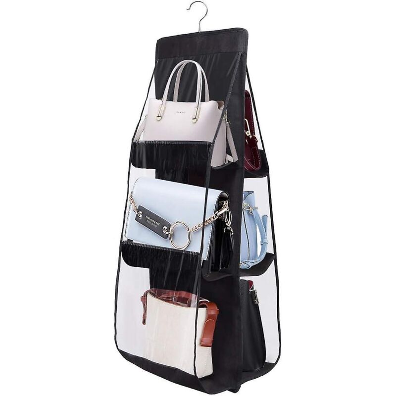 Schwarzer Hänge-handtaschenorganizer Mit 6 Fächern, Hergestellt Aus Umweltfreundlichem, Natürlichem Vliesstoff, Für Schlafzimmer Oder Kleiderschränke.
