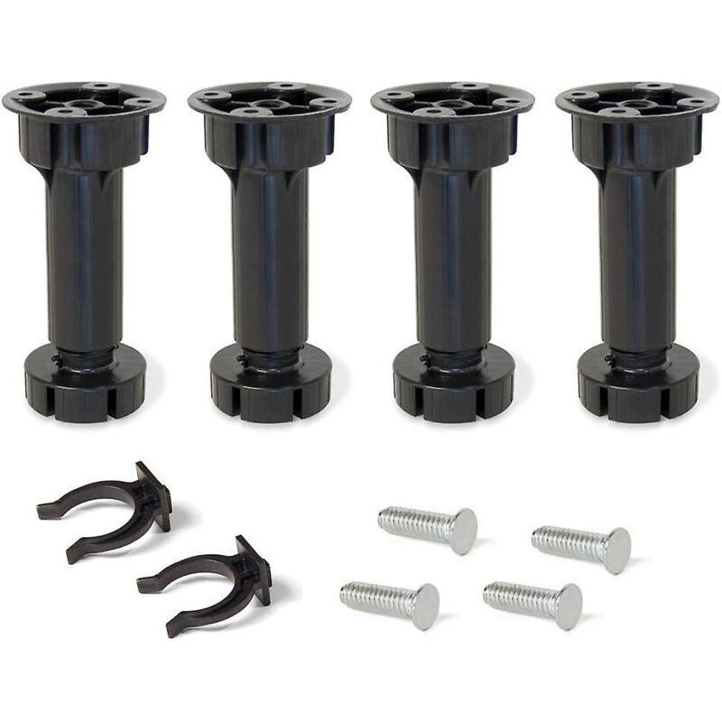Set Mit 4 Verstellbaren Schwarzen Kunststofffüßen, 100 Mm, Mit Zubehör Für Küche Und Bad