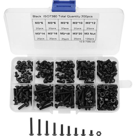300-teiliges Set Mit Verschiedenen Schrauben Und Muttern Mit Sechskantkopf, M3, Schwarz, Festigkeitsklasse 10.9