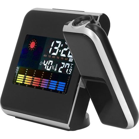 Wetterstation Mit Projektion – Digitale Farb-lcd-uhr, Temperatur- Und Luftfeuchtigkeitsanzeige, Wecker Mit Schlummerfunktion, Led-hintergrundbeleuchtung, Kabellos, Schwarz