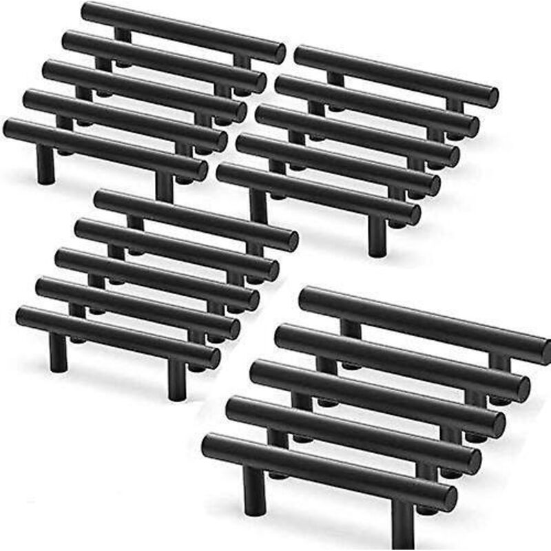 Set Mit 20 Schwarzen T-förmigen Küchengriffen Aus Edelstahl Mit Einem Mittenabstand Von 96 Mm