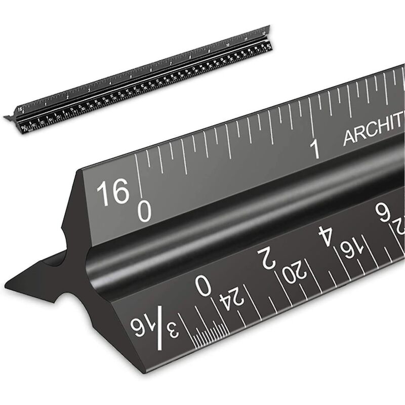 Architektenmaßstab, 12 Fuß (zoll), Lasergeätzter, Dreieckiger Architektenmaßstab Aus Schwarzem Aluminium Für Architekten, Studenten, Zeichner Und