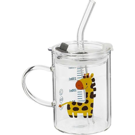 Glas-trinkbecher Mit Hirschmotiv Für Kinder, Mit Strohhalm. – 10,5 X 7 Cm – Transparent