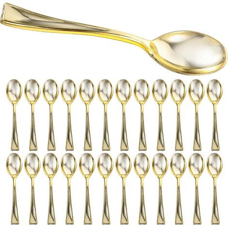 Set Mit 24 Einweg-minilöffeln Aus Kunststoff Für Kuchen, Desserts Und Eiscreme, Ideal Für Zuhause, Gewerbe Und Partys. – 9,80 X 2,00 X 0,30 Cm – Gold