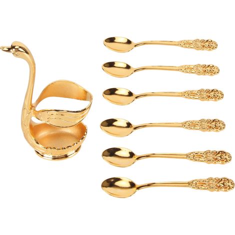 Set Aus 6 Eleganten Und Dekorativen, Vergoldeten Teelöffeln Mit Ständer Für Desserts, Eiscreme Und Kuchen.