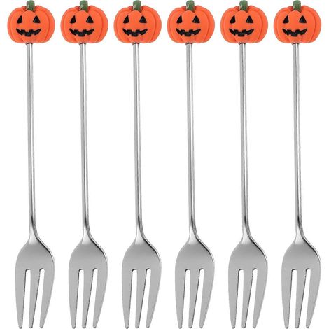 6-teiliges Set Kuchengabeln Aus Edelstahl, Kürbismotiv, Für Halloween – 12,90 X 1,50 X 0,50 Cm – Silber