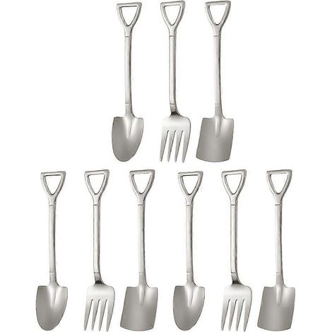 Set Aus 9 Schaufelförmigen Dessertlöffeln Aus Edelstahl Mit Dessertgabel. Küchenutensil. – 12,20 X 2,40 X 0,20 Cm – Silber