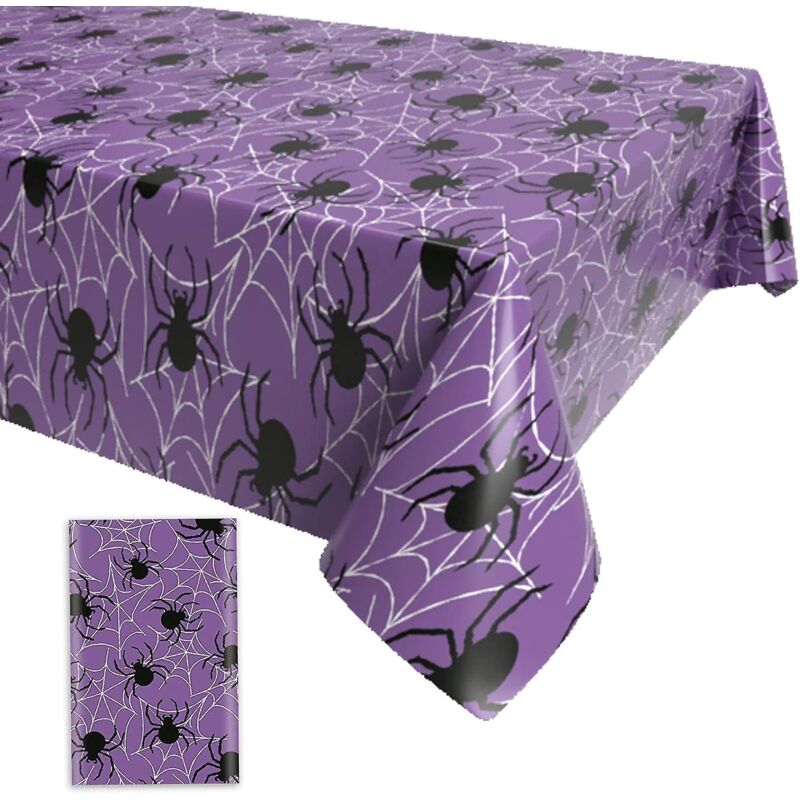 Lila Halloween-tischdecke Mit Spinnennetzmuster – Große Rechteckige, Wasserdichte Kunststofftischdecke Für Drinnen Und Draußen – 130 X 220 Cm