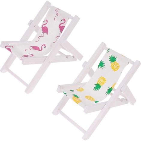 Set Aus 2 Mini-strandstühlen Aus Holz Im Mediterranen Stil Mit Ananas- Und Flamingo-motiv, Inklusive Handyhalterung Und Mini-sonnenliegen-dekoration. – 129 Cm – Weiß