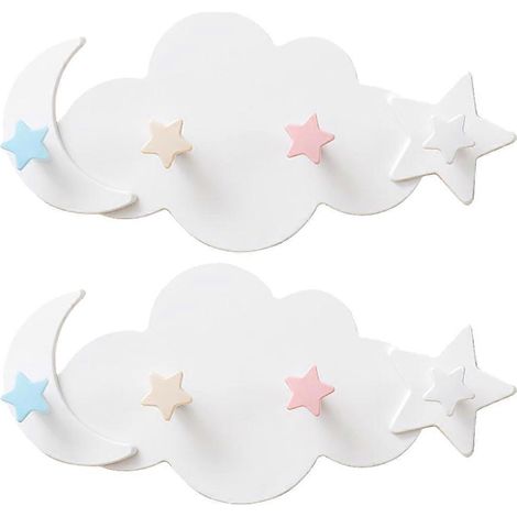Set Mit 2 Selbstklebenden Wandhaken In Form Einer Wolke, Eines Mondes Und Eines Sterns (weiß) – 29,8 X 14 Cm – Weiß