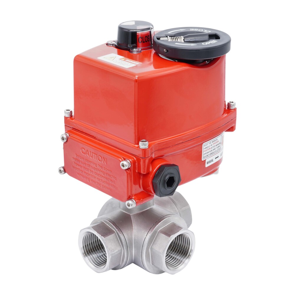 Rp 1-1/2'' T-Port 3-Wege Edelstahl-Kugelhahn mit elektrischem Antrieb 24 V AC/DC