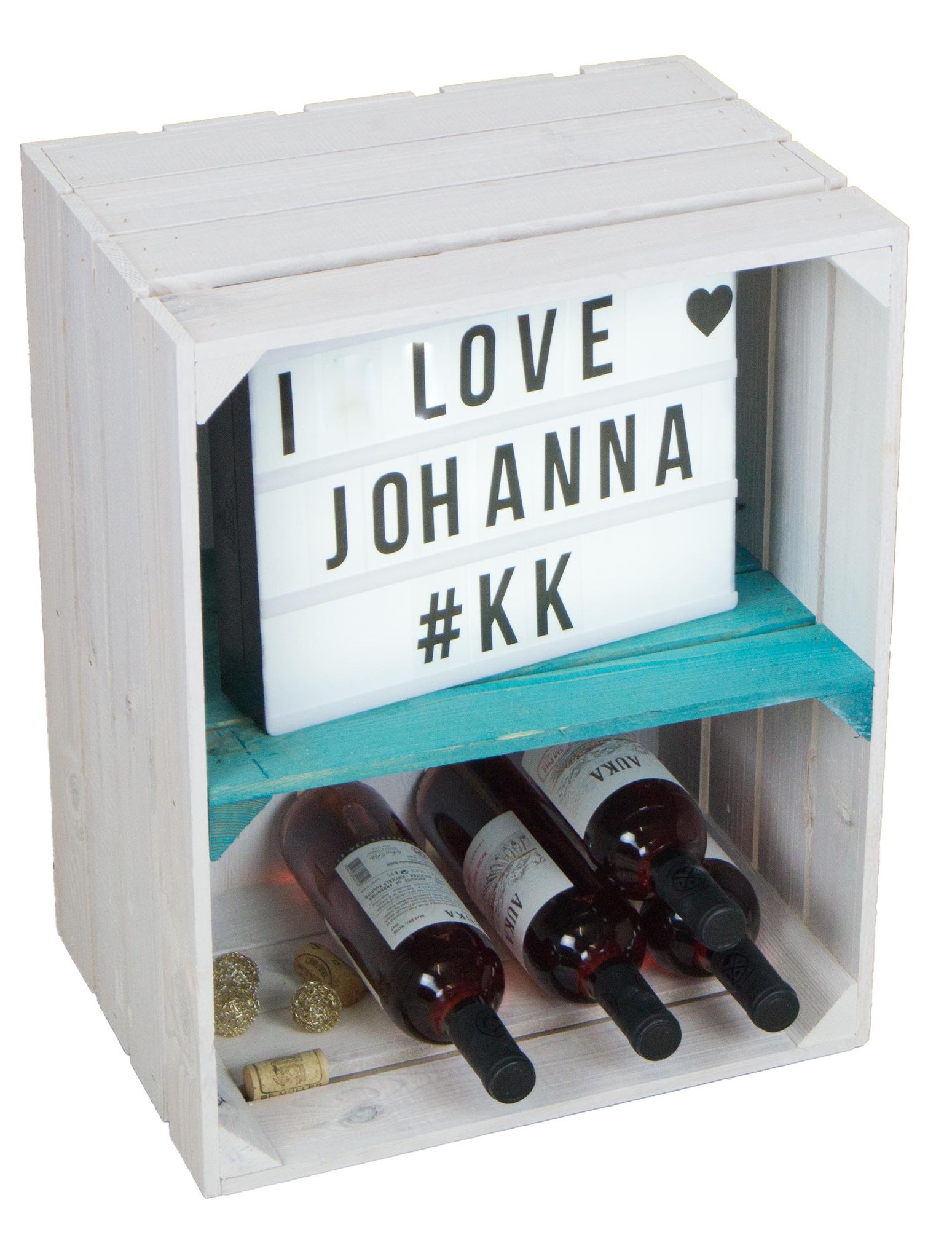 Regalkiste Johanna Weiß Lasiert Mit Türkisem Querbrett