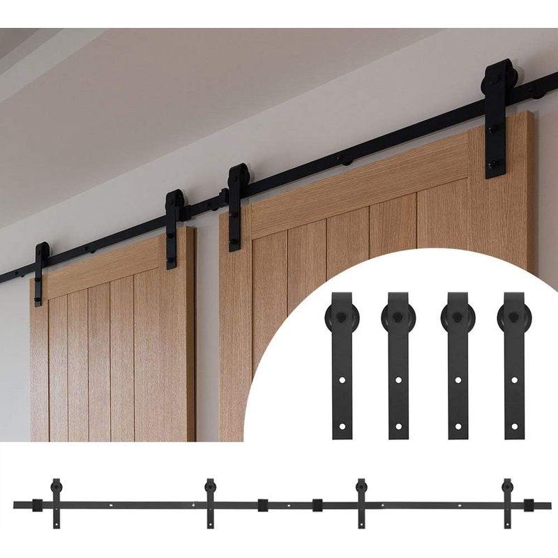 16 Fuß/488 Cm Schiebetürbeschlag-set Für Doppelt Hängende Holztüren, Schwarz, I-form