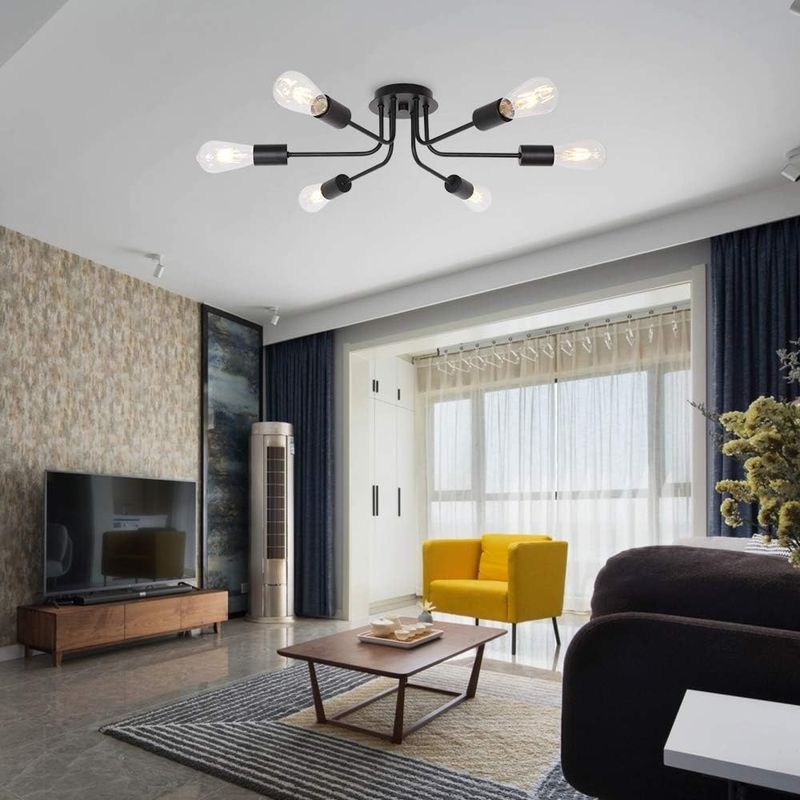 Moderne Deckenleuchte, Rustikaler Schwarzer Halbeinbau-kronleuchter Mit 6 Leuchten, E27-sockel, Industrielle Deckenleuchte Für Wohn-/esszimmer Im Landhausstil