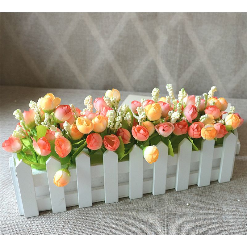 Künstliche Blütenpflanzen - Rosen Und Rosenknospen Im Zauntopf Für Büro, Hochzeit, Innendekoration (sunset Red)