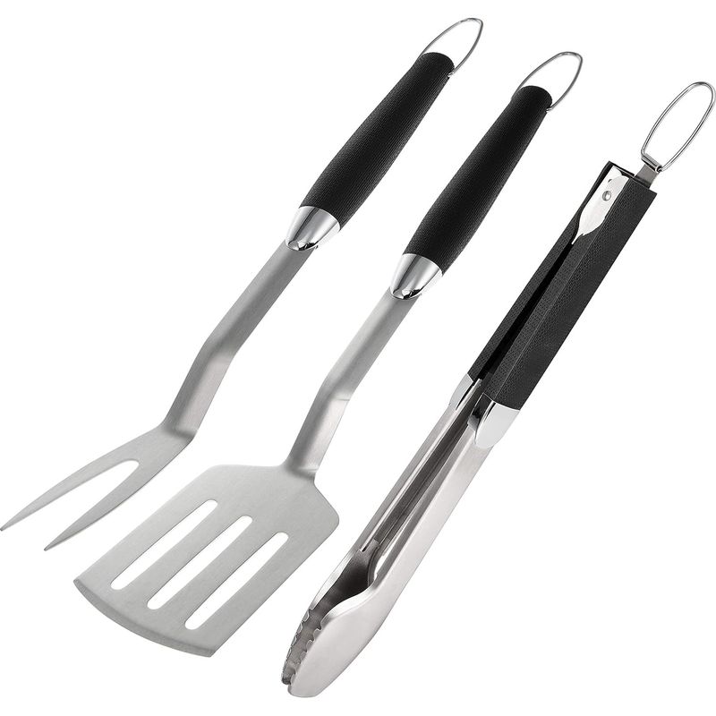 3-teiliges Grillbesteck-set – Zange, Pfannenwender, Fleischgabel – Grillzubehör Aus Edelstahl Mit Weichem Griff