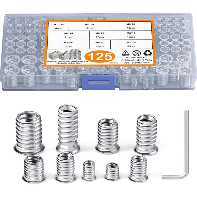 Packung Mit 125 Gewindeeinsätzen M5, M6, M8, M10, 9 Verschiedene Gewindeeinsätze, Sechskantmuttern, Nietmuttern Für Holzmöbel, Ruthex-kohlenstoffstahl