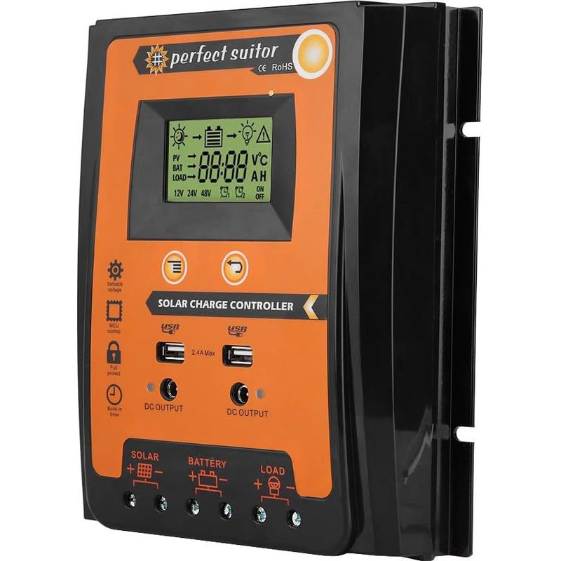 Mptt 12v/24v Solarladeregler, Dual-usb-solarpanel-batterieregler, Lcd-display, 70a Panelstromregler, Schwarz/orange