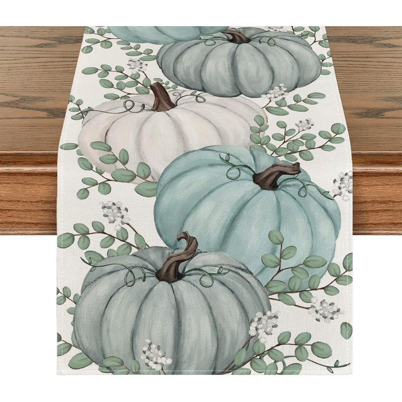 Herbstlicher Tischläufer, Moderner Tischläufer Aus Leinen Mit Kürbismuster, Waschbare Blaue Tischdecke Für Die Tischdekoration Im Innen- Und Außenbereich, Ideal Für Thanksgiving, Halloween Und Andere