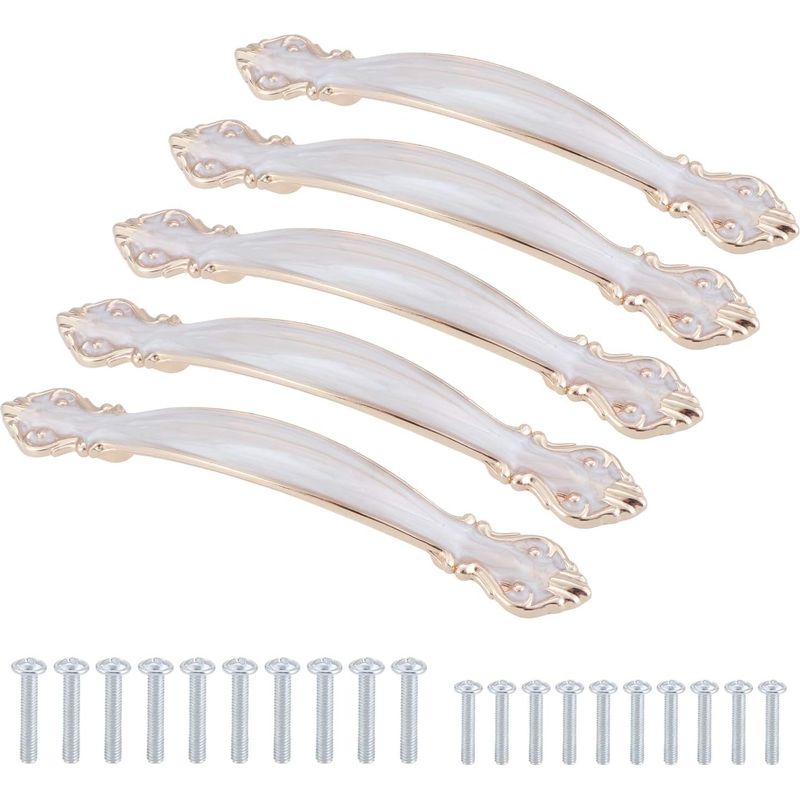 Set Mit 5 Antiken, Geschnitzten, Bogenförmigen Schrankgriffen – Möbeltürgriffe (128 Mm Lochabstand) – Bernsteinweiß